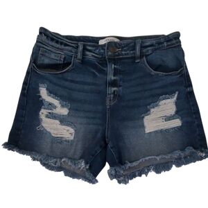 Zenana Blue Denim Distressed Frayed Hem Stretch Jean Shorts Size L Boutique